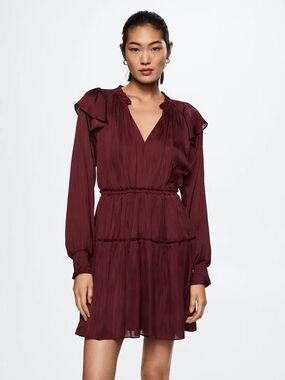 Mango Wine Long Sleeve Tiered V-Neck Dress